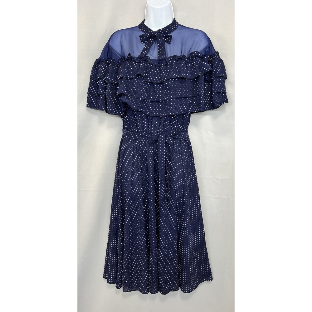 Vintage Whatta Dress Navy Blue Polka Dot Belted MIDI Dress Sz 42 Y2K‎